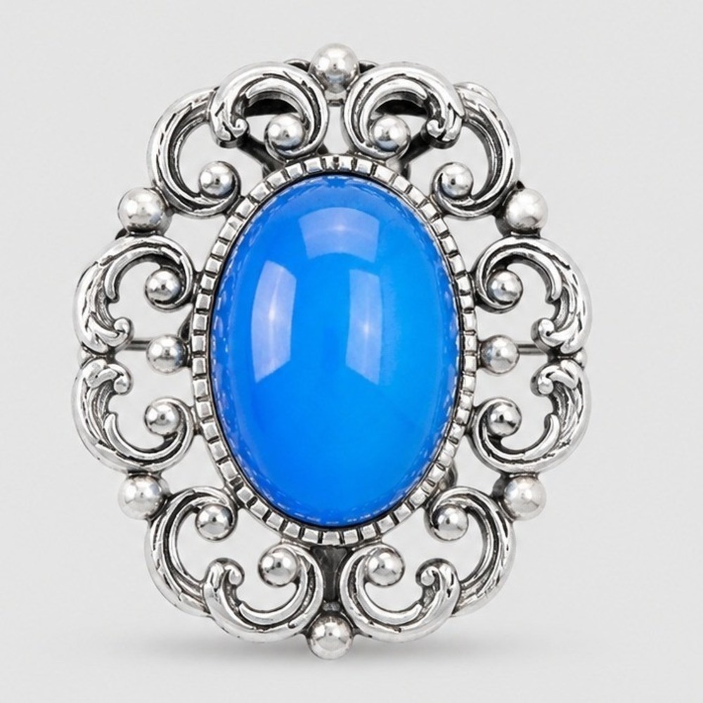 Vintage Silver Tone Blue Cabochon Filigree‎ Brooch Victorian Style Pin Ornate
